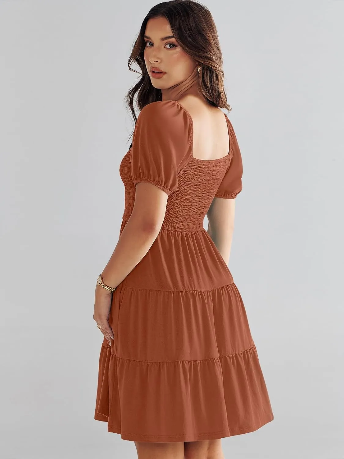 ANRABESS Womens 2025 Summer Casual Dress Square Neck Puff Sleeve Boho Beach Vacation Short Dress
