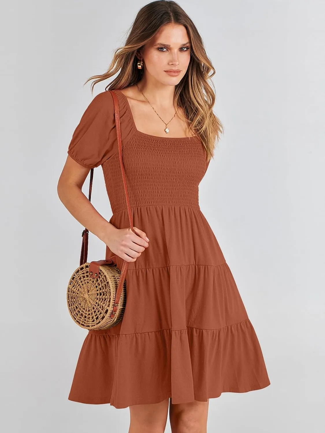 ANRABESS Womens 2025 Summer Casual Dress Square Neck Puff Sleeve Boho Beach Vacation Short Dress