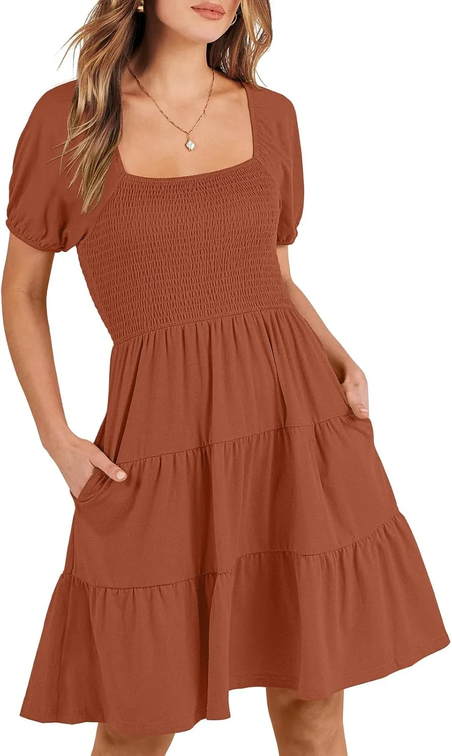 ANRABESS Womens 2025 Summer Casual Dress Square Neck Puff Sleeve Boho Beach Vacation Short Dress