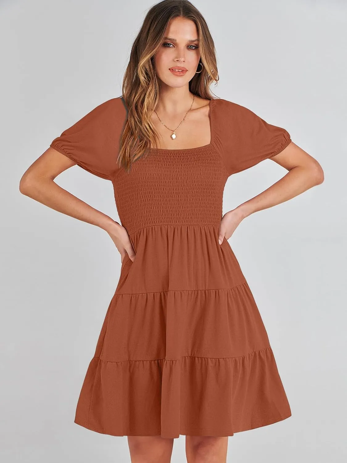 ANRABESS Womens 2025 Summer Casual Dress Square Neck Puff Sleeve Boho Beach Vacation Short Dress