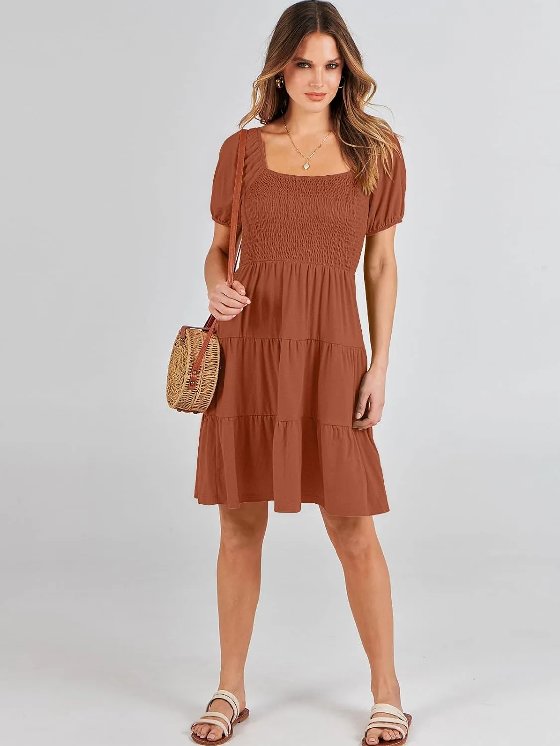 ANRABESS Womens 2025 Summer Casual Dress Square Neck Puff Sleeve Boho Beach Vacation Short Dress