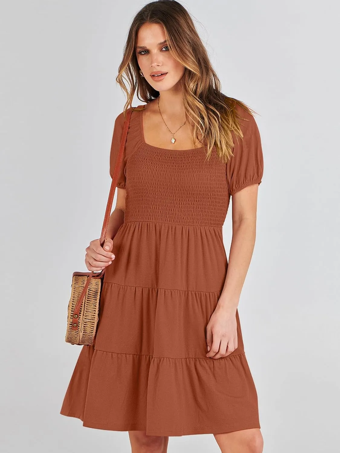 ANRABESS Womens 2025 Summer Casual Dress Square Neck Puff Sleeve Boho Beach Vacation Short Dress