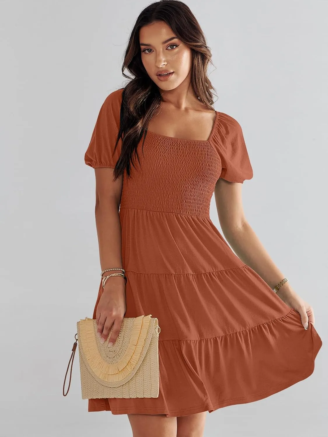 ANRABESS Womens 2025 Summer Casual Dress Square Neck Puff Sleeve Boho Beach Vacation Short Dress
