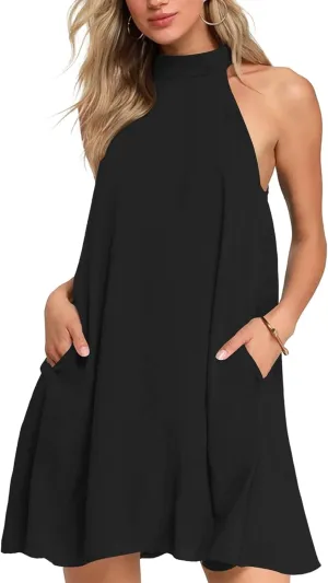 AUSELILY Womens Summer Dress Sleeveless Halter Neck Beach Dress Casual Sundresses with Pockets