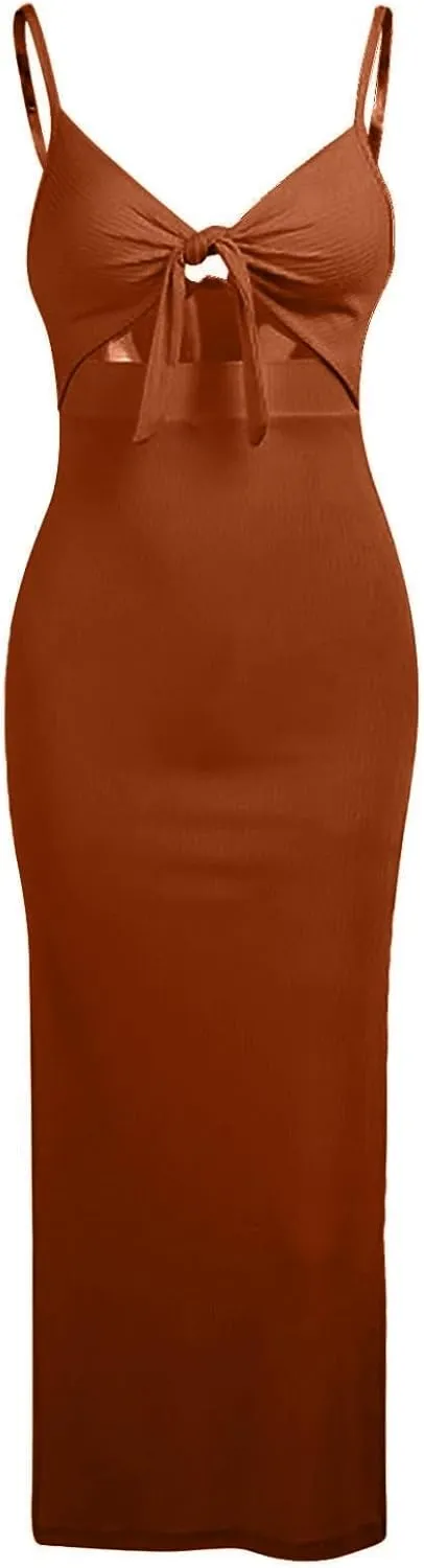 Bodycon Dresses for Women Tie Knot Cut Out Side Split Hem Sleeveless Knit Bodycon Maxi Dress