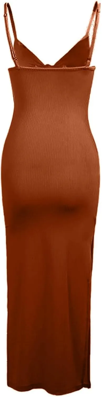 Bodycon Dresses for Women Tie Knot Cut Out Side Split Hem Sleeveless Knit Bodycon Maxi Dress
