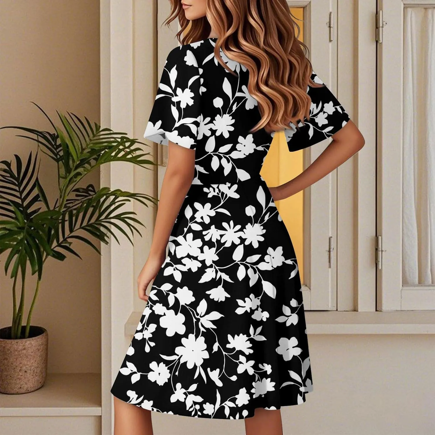 Boho Dresses for Women 2025 Elegant Classy Summer Beach Floral Casual V Neck Knee Length Sundress with Sleeves