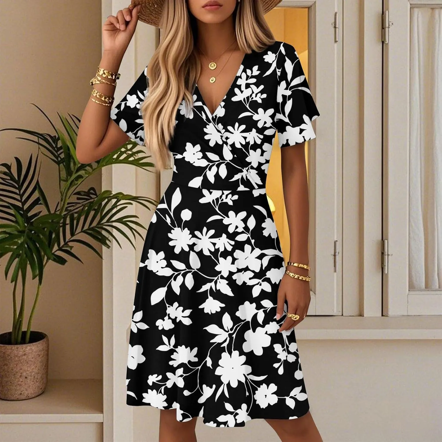 Boho Dresses for Women 2025 Elegant Classy Summer Beach Floral Casual V Neck Knee Length Sundress with Sleeves