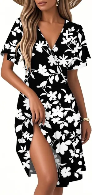 Boho Dresses for Women 2025 Elegant Classy Summer Beach Floral Casual V Neck Knee Length Sundress with Sleeves