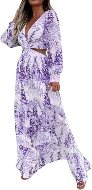 Boho Dresses for Women 2025 Summer Floral V-Neck Sleeves Puff Sleeve Maxi Dresses Flowy Beach Vacation Hawaiian Dress