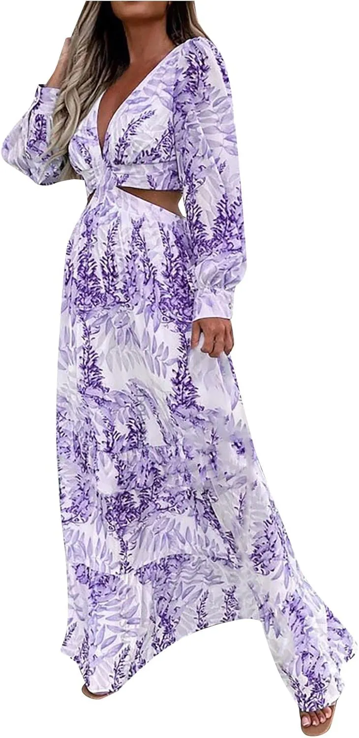 Boho Dresses for Women 2025 Summer Floral V-Neck Sleeves Puff Sleeve Maxi Dresses Flowy Beach Vacation Hawaiian Dress