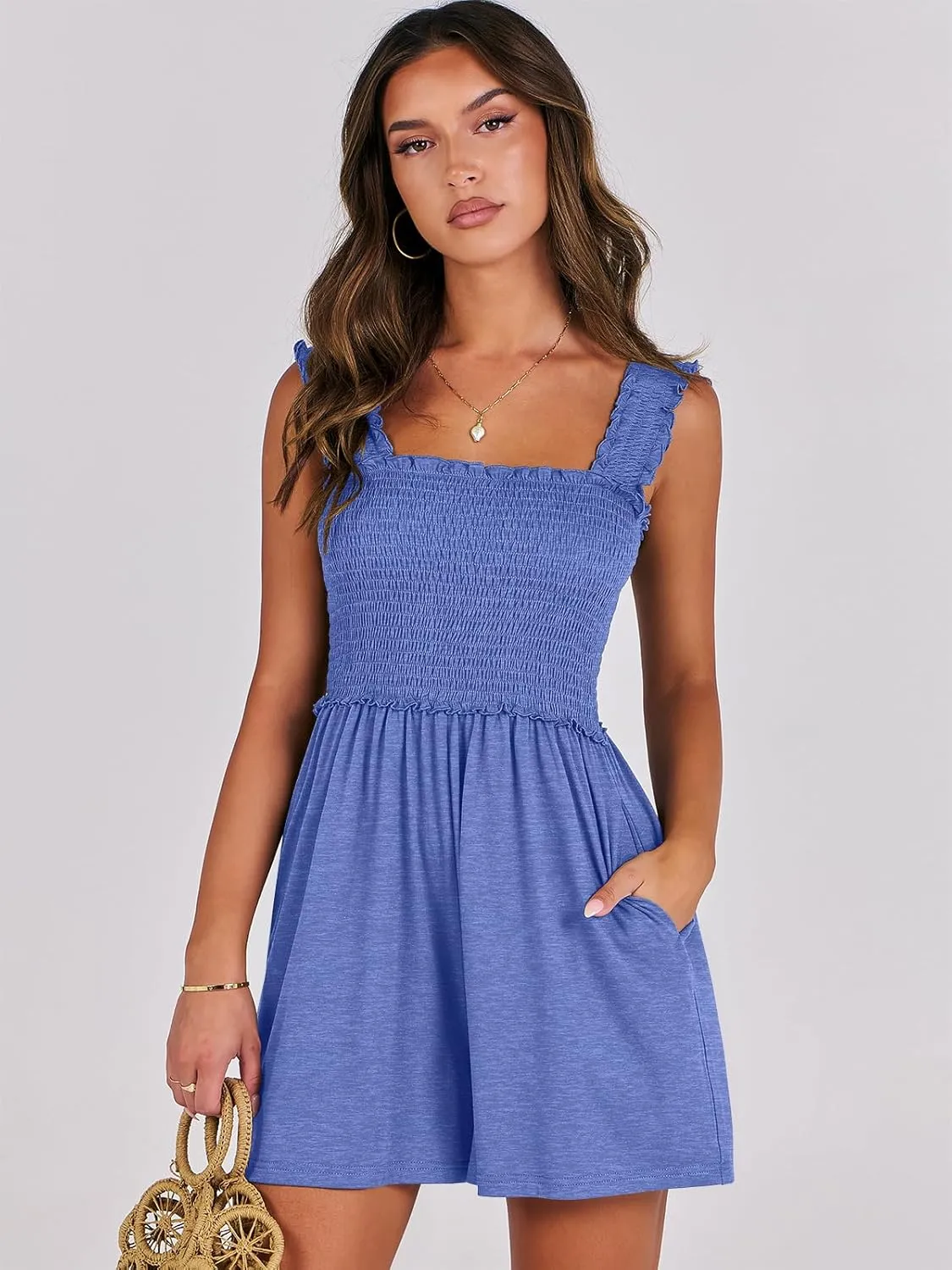 Caracilia Women's Summer Casual Smocked Rompers Square Neck Sleeveless Loose Shorts Jumpsuit 2025 Beach Vacation Outfits