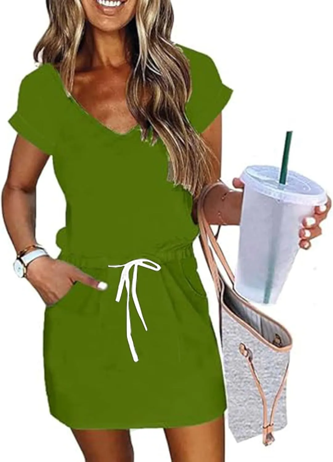 Casual Summer Dresses for Women 2025,Womens Fashion Summer Dress Lantern Sleeve Square Neck Tie Front Mini Beach Dresses