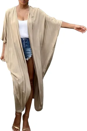 Chunoy Women Long Kimono Cardigan Open Front Bathing Suit Dress Lightweight Beach Cover Up