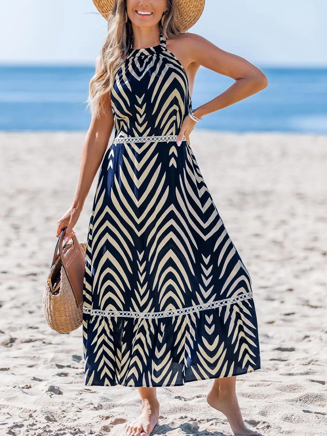 CUPSHE Women's Midi Dress Halter Paisley Sleeveless Cutout Waist Long Beach Boho Summer Dress