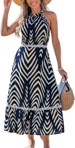 CUPSHE Women's Midi Dress Halter Paisley Sleeveless Cutout Waist Long Beach Boho Summer Dress