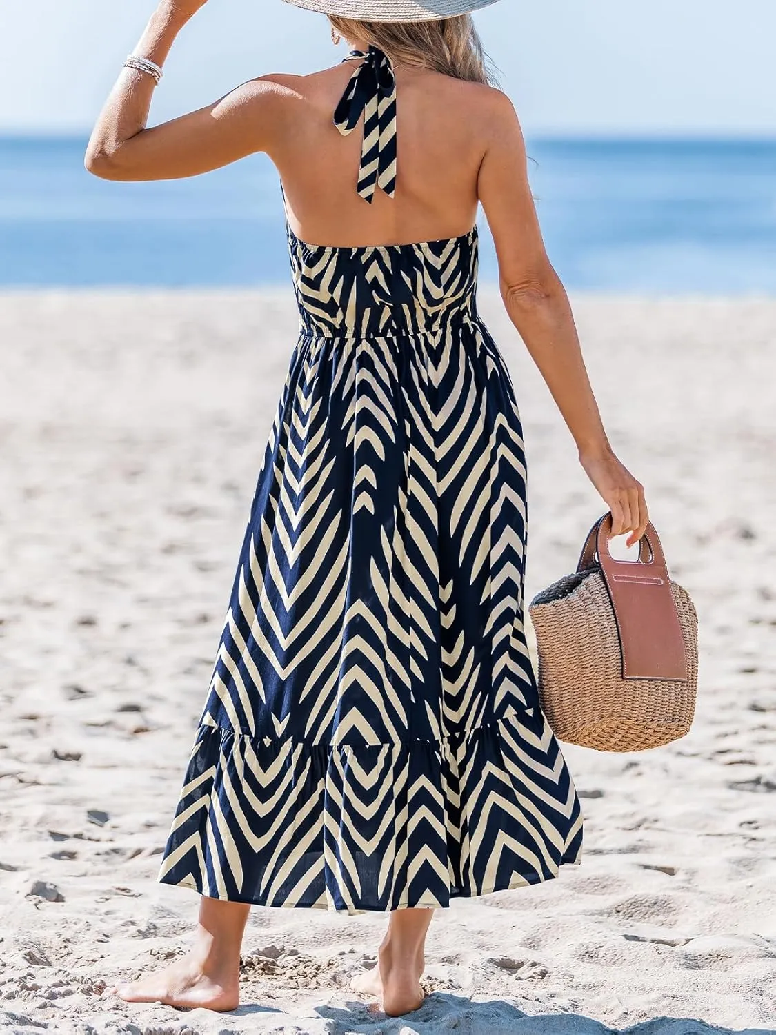 CUPSHE Women's Midi Dress Halter Paisley Sleeveless Cutout Waist Long Beach Boho Summer Dress