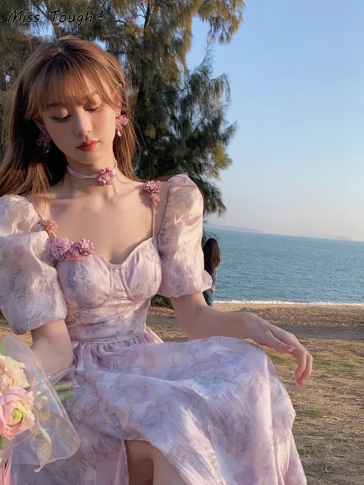 deanwangkt  Floral Sweet France Vintage Dress Women Print Casual Elegant Evening Party Midi Dress Chiffon Korea Boho Beach Dress Summer