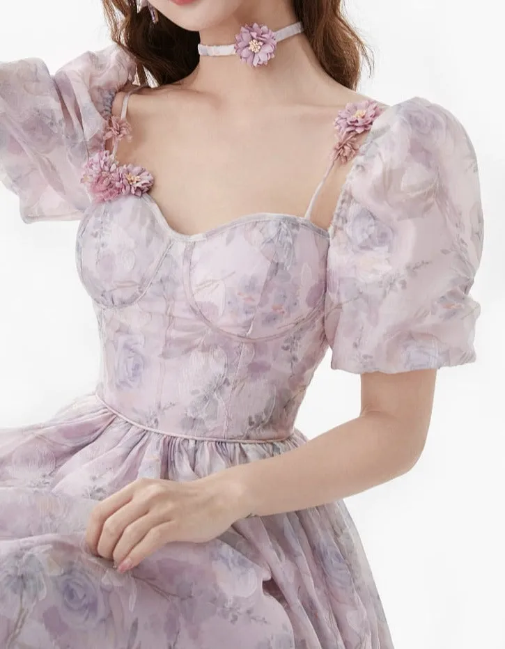 deanwangkt  Floral Sweet France Vintage Dress Women Print Casual Elegant Evening Party Midi Dress Chiffon Korea Boho Beach Dress Summer