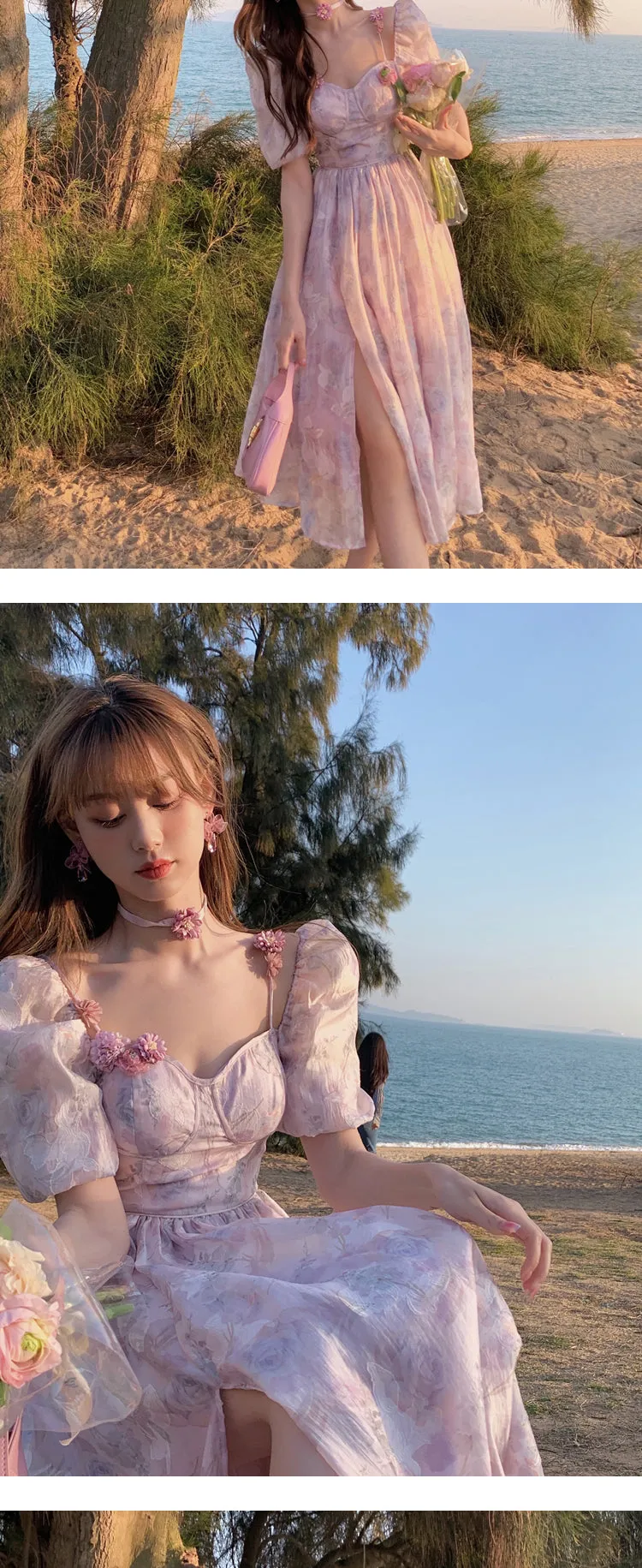 deanwangkt  Floral Sweet France Vintage Dress Women Print Casual Elegant Evening Party Midi Dress Chiffon Korea Boho Beach Dress Summer