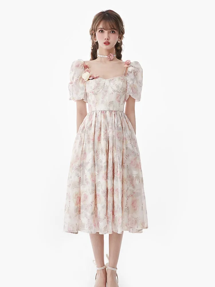 deanwangkt  Floral Sweet France Vintage Dress Women Print Casual Elegant Evening Party Midi Dress Chiffon Korea Boho Beach Dress Summer