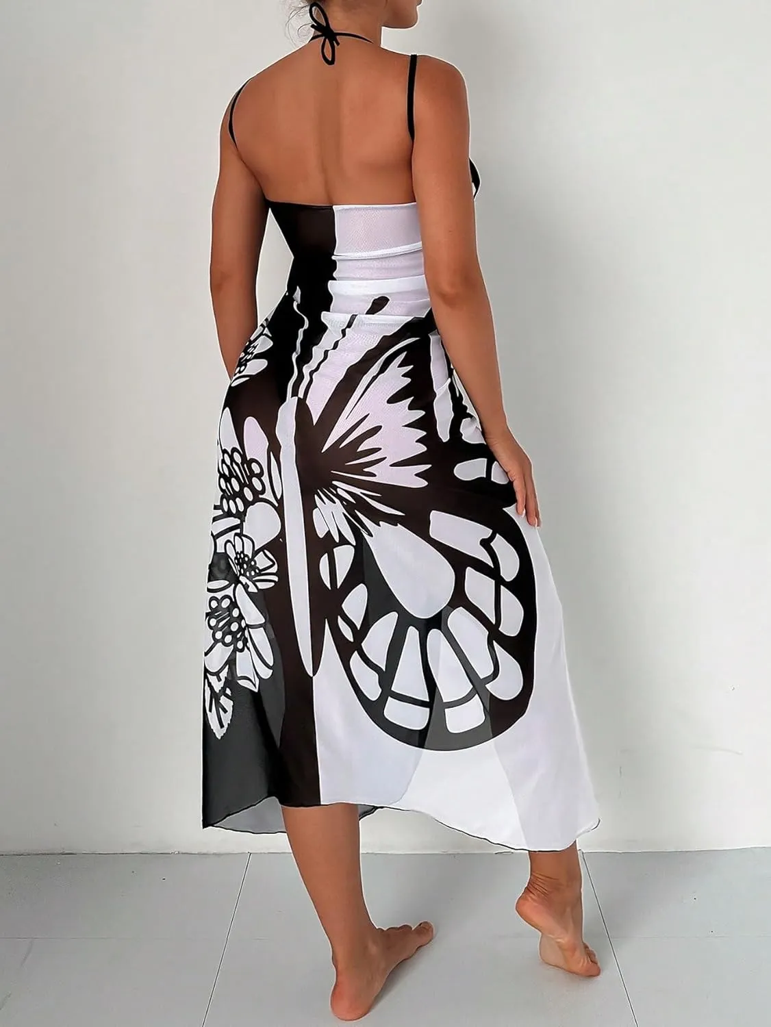 Floerns Women's Butterfly Print Swimwear Sheer Mesh Bikini Kimono Cover Ups