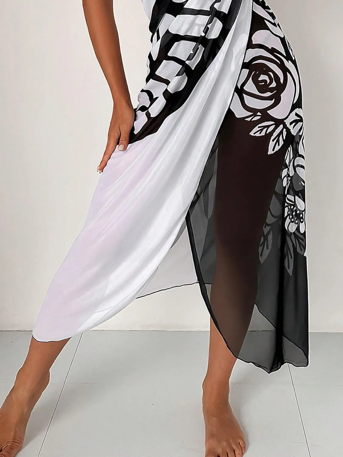 Floerns Women's Butterfly Print Swimwear Sheer Mesh Bikini Kimono Cover Ups