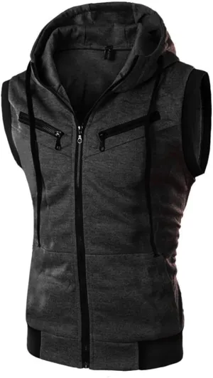 Hoodie Tank Top Men's Sleeveless Slim Fit Hoodie Vest Zipper Drawstring Gilet Jacket Bodybuilding Fitness Muscle Cut T Shirt
