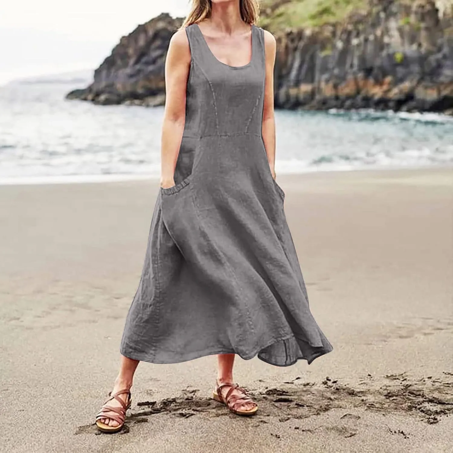 HXHYQKP Dress for Women 2024 Summer Tank Dress Sleeveless Loose Scoop Neck Long Flowy Beach Swing Sundress with Pocket