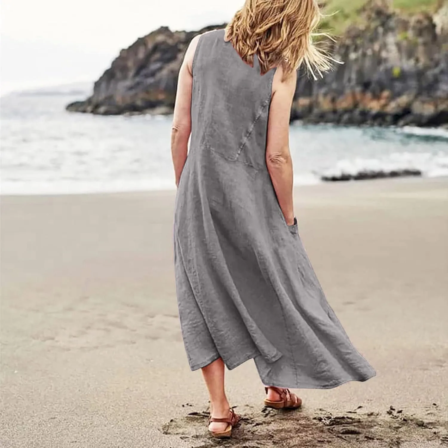 HXHYQKP Dress for Women 2024 Summer Tank Dress Sleeveless Loose Scoop Neck Long Flowy Beach Swing Sundress with Pocket
