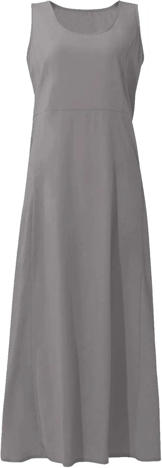 HXHYQKP Dress for Women 2024 Summer Tank Dress Sleeveless Loose Scoop Neck Long Flowy Beach Swing Sundress with Pocket