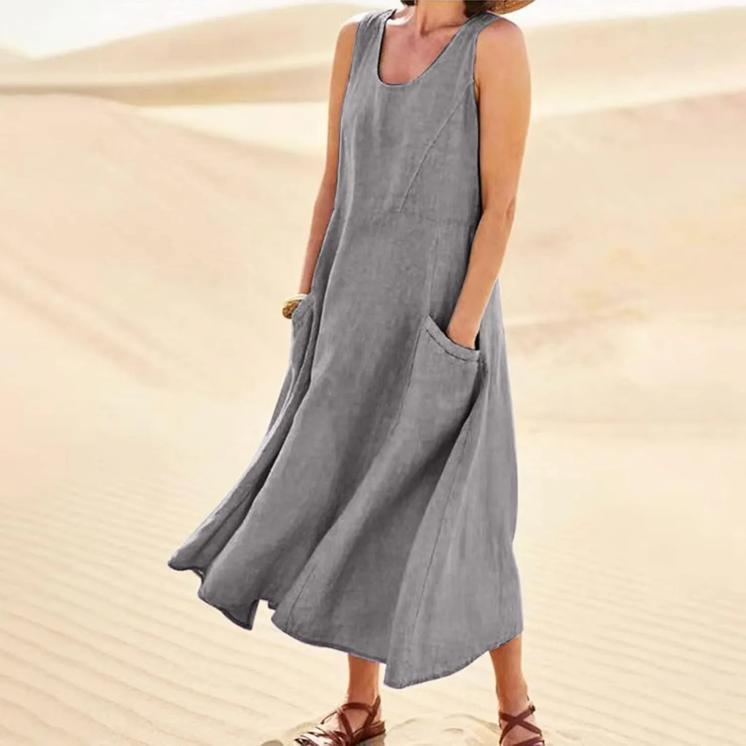 HXHYQKP Dress for Women 2024 Summer Tank Dress Sleeveless Loose Scoop Neck Long Flowy Beach Swing Sundress with Pocket