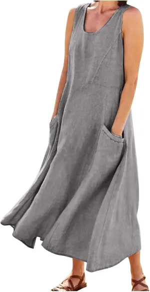 HXHYQKP Dress for Women 2024 Summer Tank Dress Sleeveless Loose Scoop Neck Long Flowy Beach Swing Sundress with Pocket