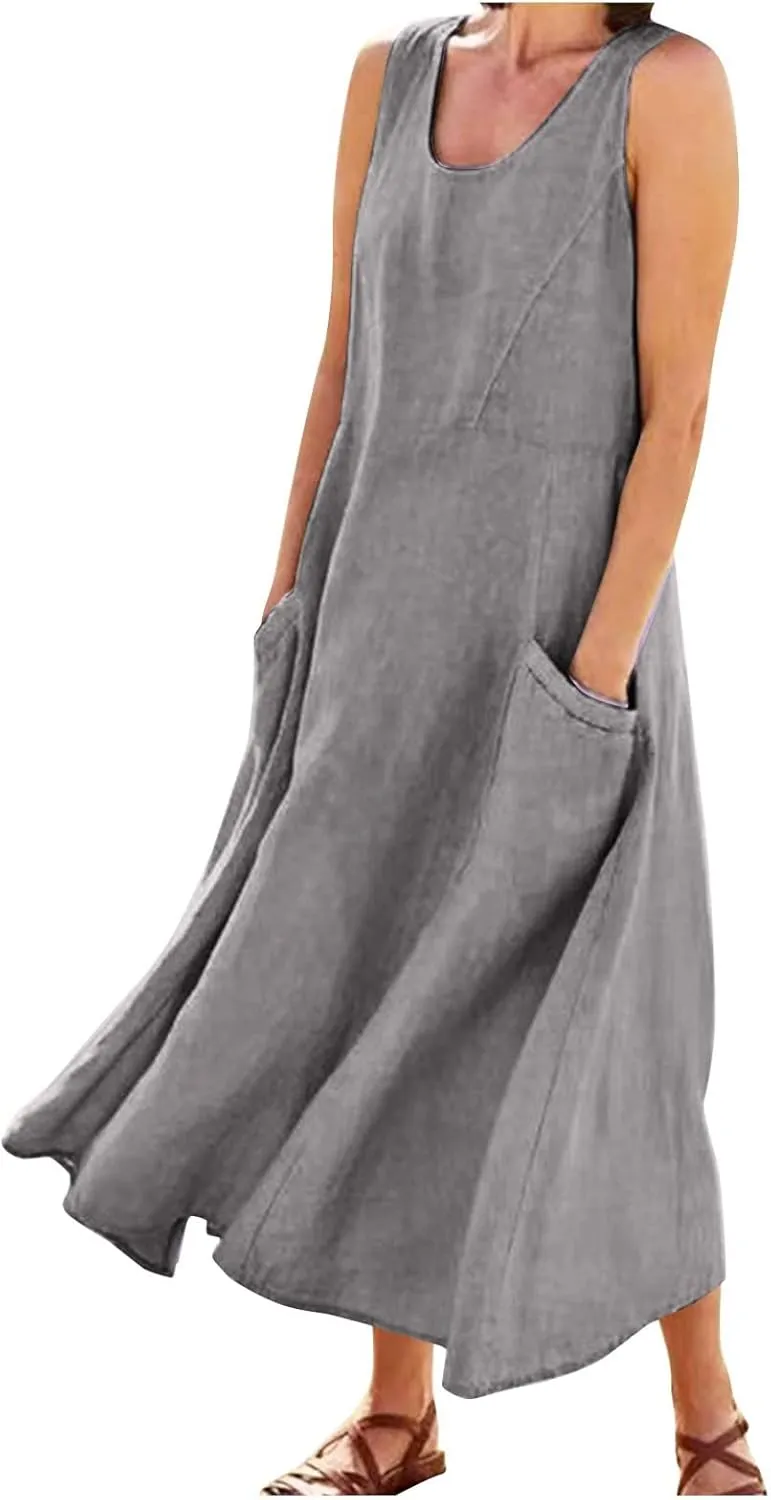 HXHYQKP Dress for Women 2024 Summer Tank Dress Sleeveless Loose Scoop Neck Long Flowy Beach Swing Sundress with Pocket