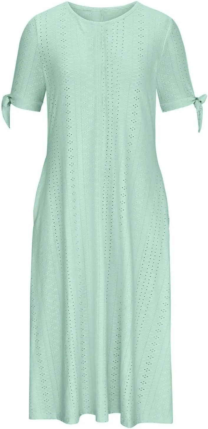 JOAU Womens Boho Hollow Out Eyelet Midi Dress Summer Crew Neck Tie Knot Slit Short Sleeve Vacation Beach Dresses with Pockets