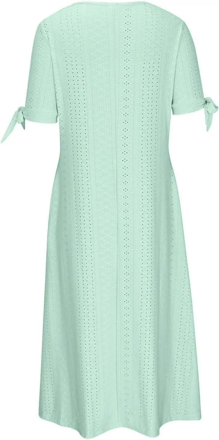 JOAU Womens Boho Hollow Out Eyelet Midi Dress Summer Crew Neck Tie Knot Slit Short Sleeve Vacation Beach Dresses with Pockets