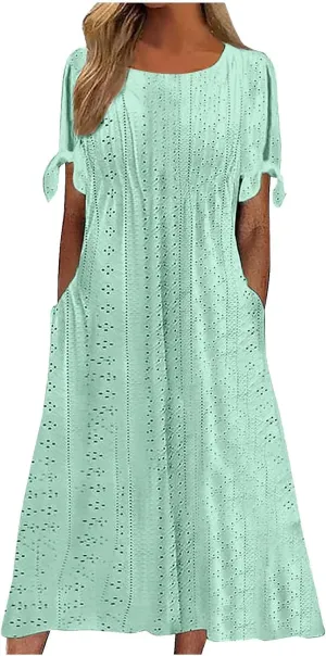 JOAU Womens Boho Hollow Out Eyelet Midi Dress Summer Crew Neck Tie Knot Slit Short Sleeve Vacation Beach Dresses with Pockets