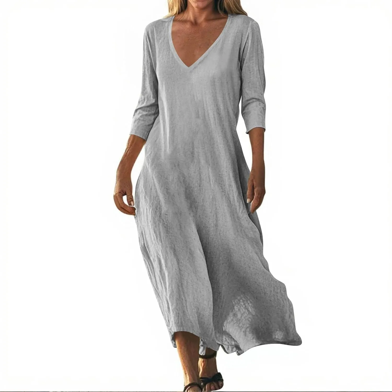 Linen Cotton Beach Dress for Women 2025 Summer Button Shirt Dress Casual Round Neck Dressy Trendy Long Dresses