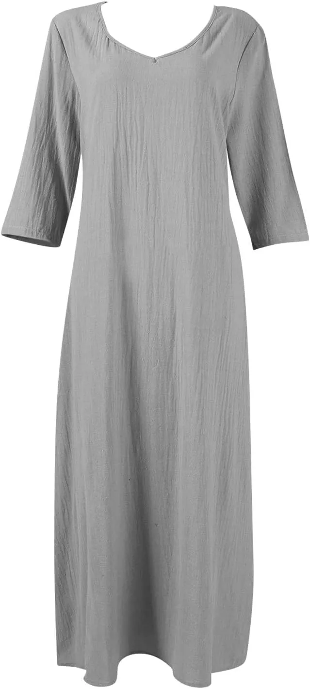 Linen Cotton Beach Dress for Women 2025 Summer Button Shirt Dress Casual Round Neck Dressy Trendy Long Dresses