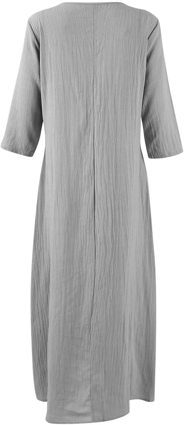 Linen Cotton Beach Dress for Women 2025 Summer Button Shirt Dress Casual Round Neck Dressy Trendy Long Dresses