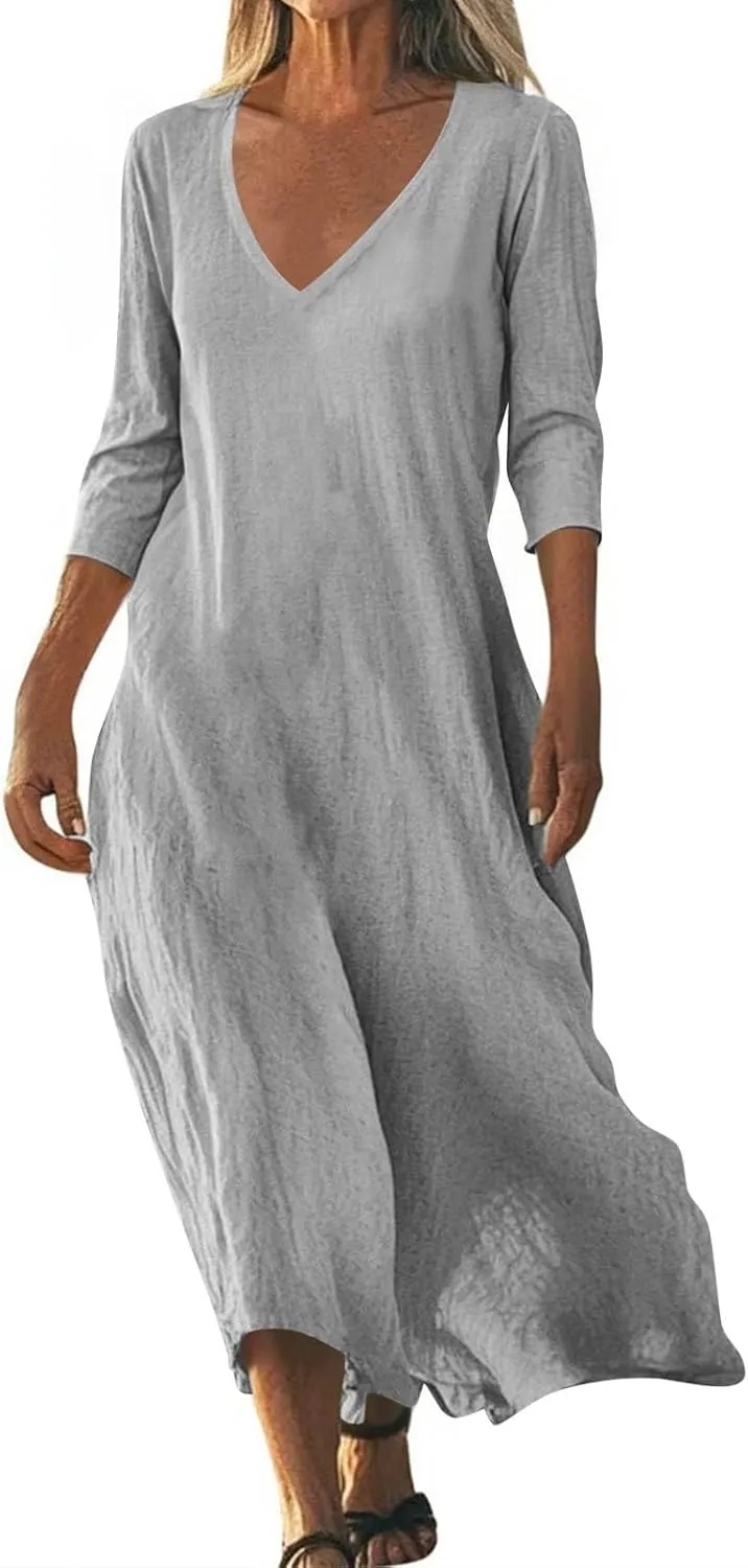 Linen Cotton Beach Dress for Women 2025 Summer Button Shirt Dress Casual Round Neck Dressy Trendy Long Dresses
