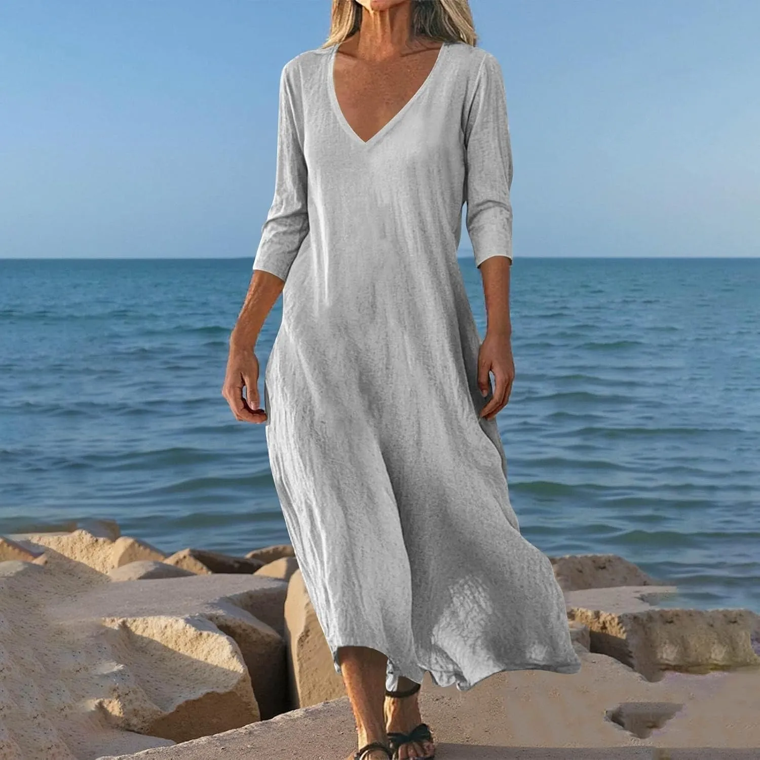 Linen Cotton Beach Dress for Women 2025 Summer Button Shirt Dress Casual Round Neck Dressy Trendy Long Dresses