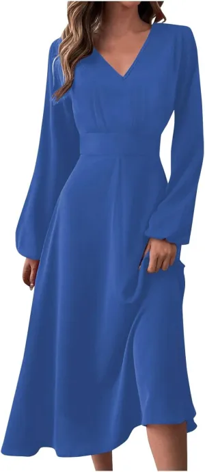 Long Sleeve Midi Dress for Women 2024 Spring V Neck High Waisted T Shirt Dress Casual Flowy A Line Swing Formal Party Dresses