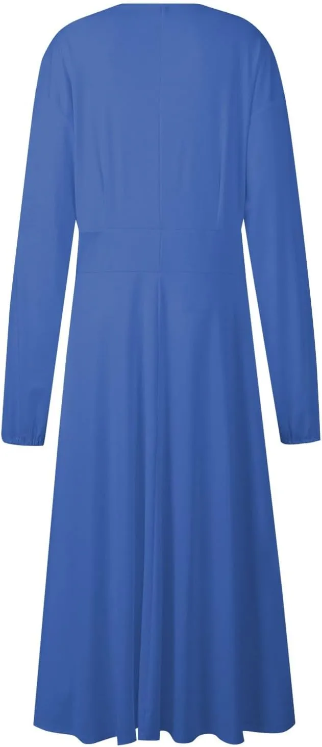 Long Sleeve Midi Dress for Women 2024 Spring V Neck High Waisted T Shirt Dress Casual Flowy A Line Swing Formal Party Dresses