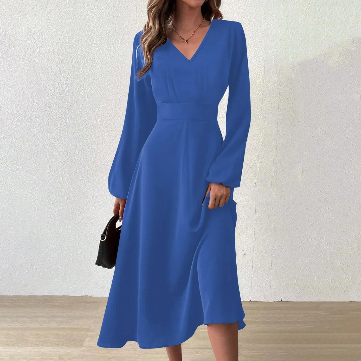 Long Sleeve Midi Dress for Women 2024 Spring V Neck High Waisted T Shirt Dress Casual Flowy A Line Swing Formal Party Dresses