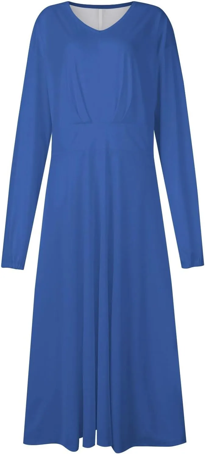 Long Sleeve Midi Dress for Women 2024 Spring V Neck High Waisted T Shirt Dress Casual Flowy A Line Swing Formal Party Dresses
