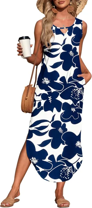 MISFAY Women's Summer Maxi Dress Sleeveless Loose Long Beach Split Dresses with Pockets