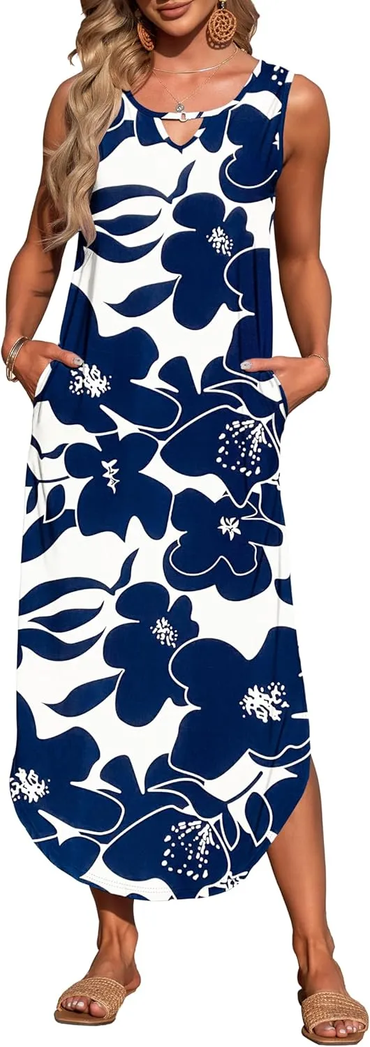 MISFAY Women's Summer Maxi Dress Sleeveless Loose Long Beach Split Dresses with Pockets