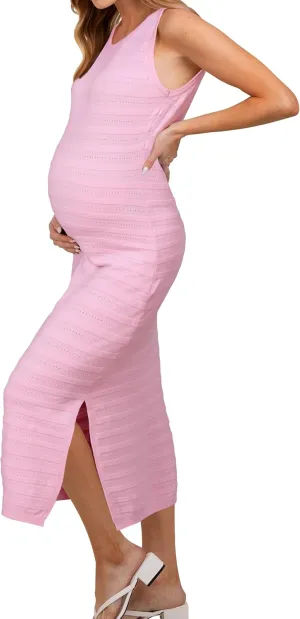 OUGES Women's 2025 Summer Maternity Dress Knit Sleeveless Crewneck Midi Dress Side Slit Striped Bodycon Sweater Dress