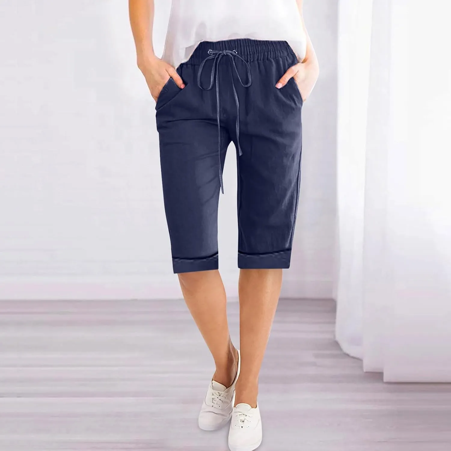 Petite to Bermuda Shorts for Women Knee Length Cotton Linen Shorts Casual Summer Baggy Dressy Shorts with Pockets